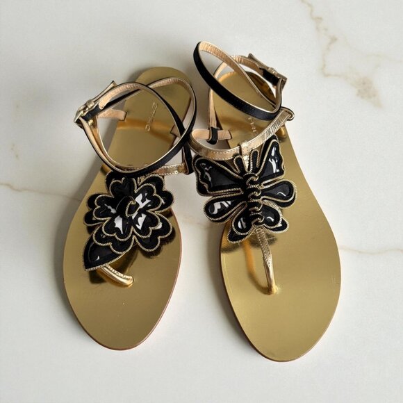 ETRO Black Gold Floral Butterfly Gladiator Sandals Size 37 / US 7 - Picture 1 of 9